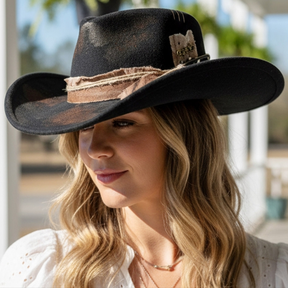 Black Boho Feather Western Rustic Fabric Band Cowboy Hat Brim Womens Accessory